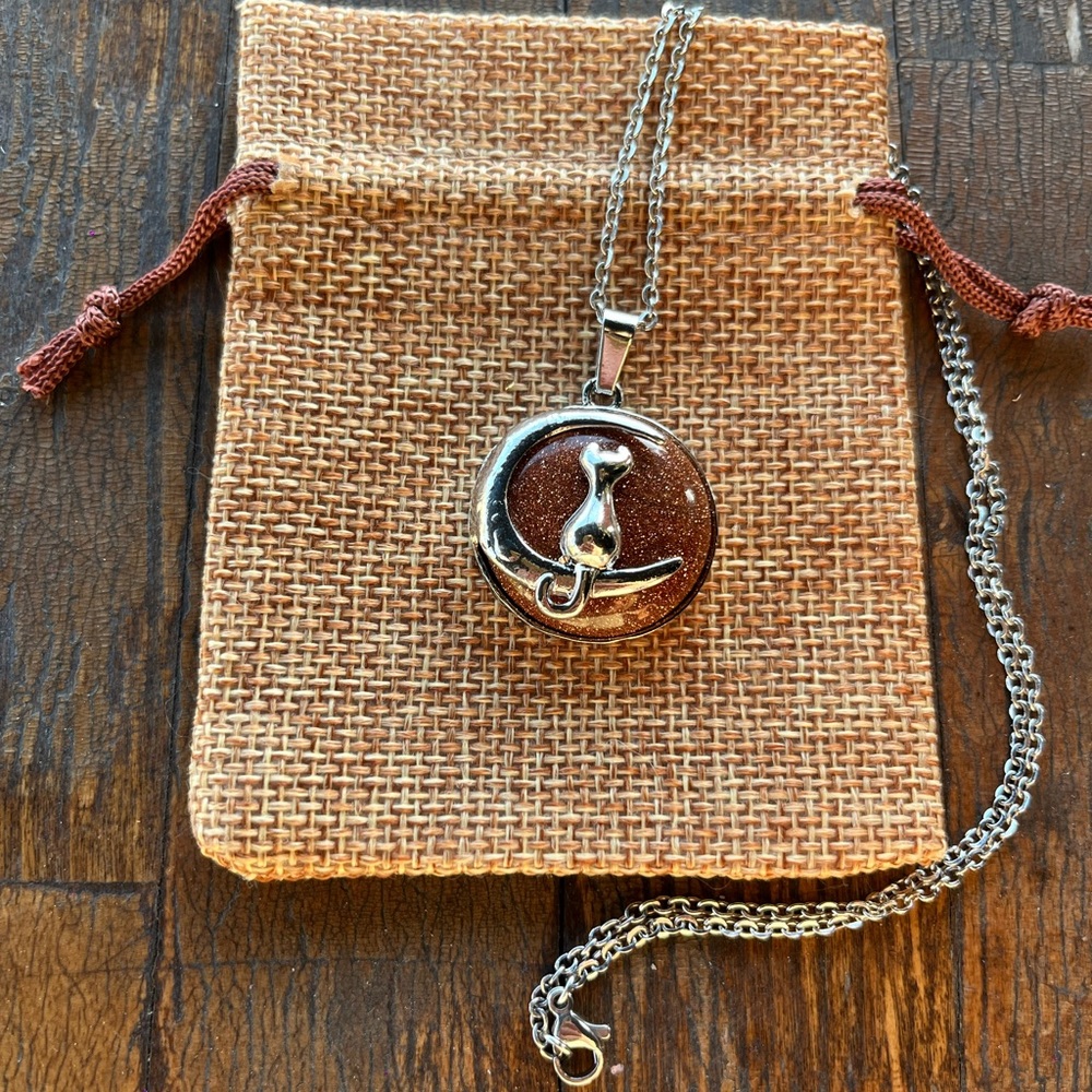 Crystal Cat Necklace | Kitty Cat Jewelry | Gold Sandstone Necklace | Teen Gift